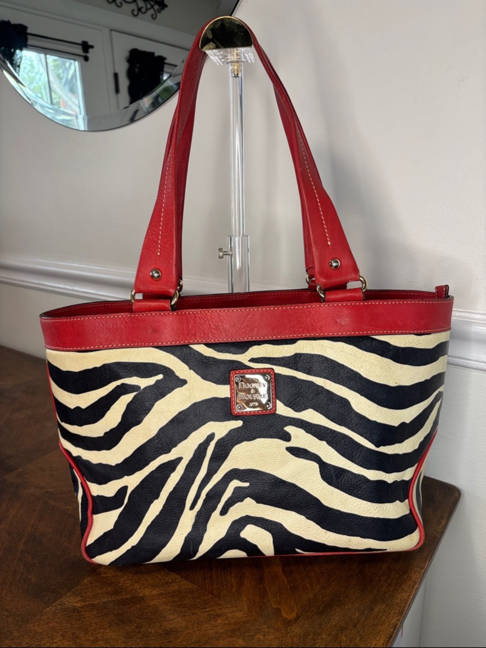 Dooney & Bourke Red Leather Trim Zebra-Print Tote Bag - Picture 2 of 16